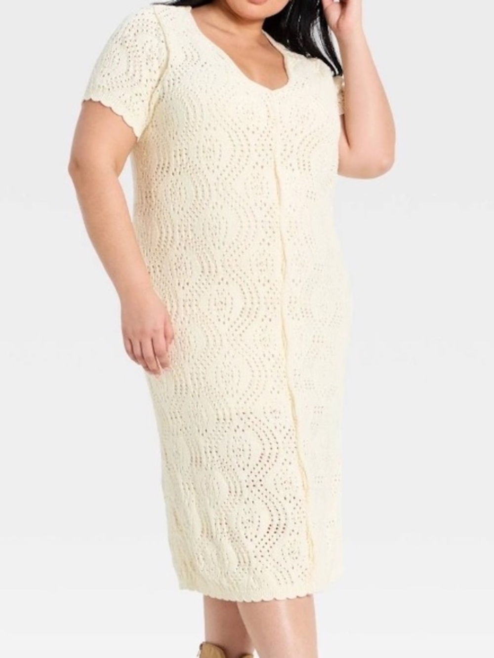 Universal Thread Womens 3X Midi Sweater Dress Cream Pointelle Knit Short Sleeves